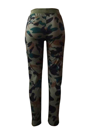 Camouflage Printed Army Green Pants. Eyes and mouth Print design on the front.