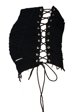 Black Denim Shorts With Lace Up Sides. The back lower bottom has the stylish rips.