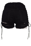 Black Denim Shorts With Lace Up Sides. The back lower bottom has the stylish rips.