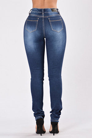 High Waist Distressed Blue Denim Jeans. With zipper fly.