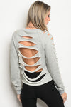 Gray Sweat Shirt With Rips In Back And Down Sleeves Long Sleeve.