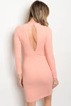 Long sleeve Peach Dress. Key Hole Opening In Back. Strap Lace up the right thigh and hip area