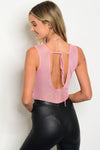 Blush Sleeveless Mesh Bodysuit with crossed fabric. Open back with tie.