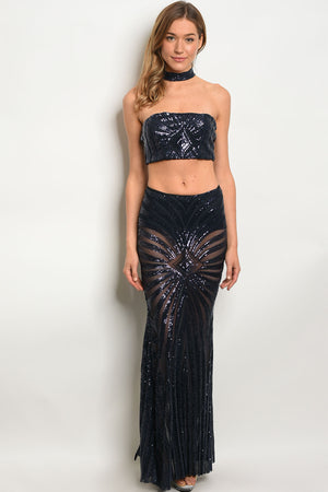 Navy With Sequins choker neck halter top with maxi skirt.