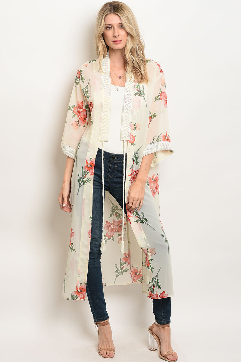 Cream Floral Kimono With Open Front. Flutter long sleeve. 