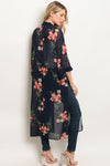 Navy blue with pink floral flutter sleeve open front long kimono
