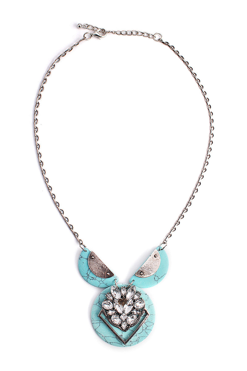 Burnish Silver Turquoise Round Stone Necklace. Clear Glass Stone