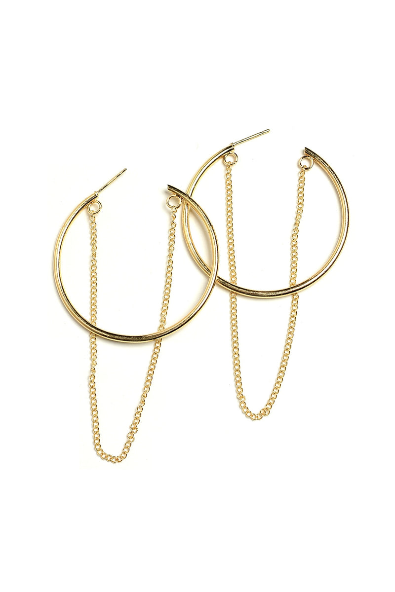 Gold Hoop Earrings with Looped Drop Chain.