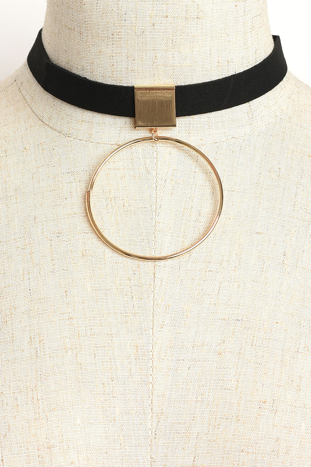 Black Choker Necklace with Gold Hoop
