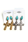 Silver Cross Earrings With Turquoise Stone
