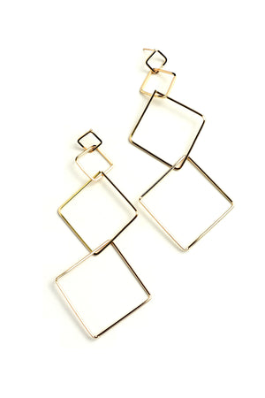 Gold Triple Square Design Drop Earrings.