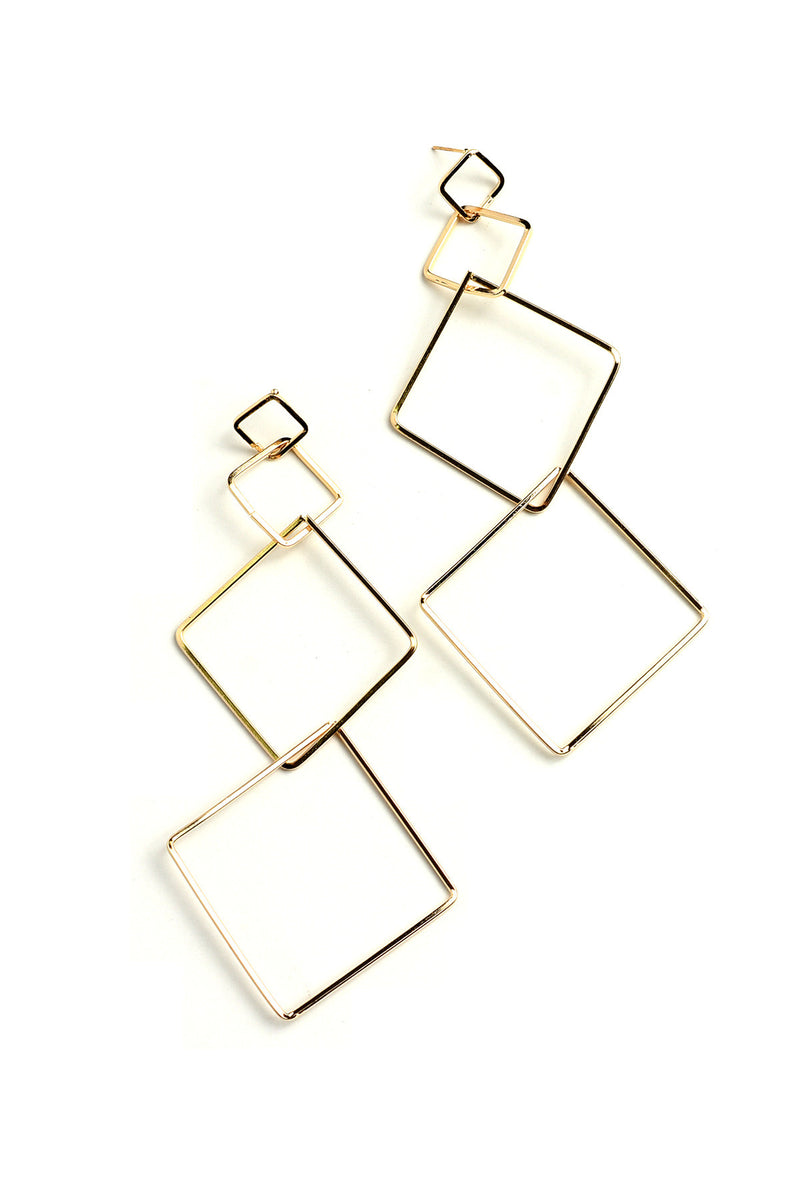 Gold Triple Square Design Drop Earrings.